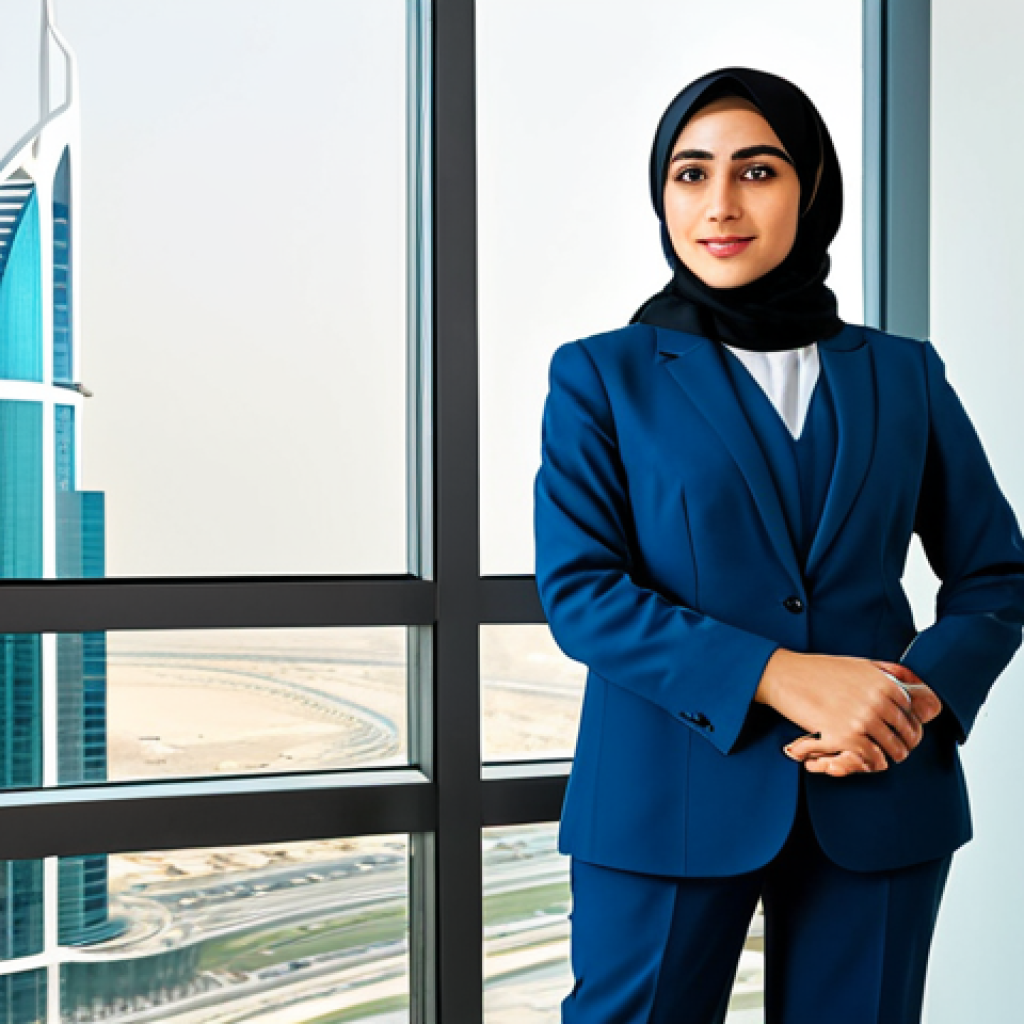 ** "A professional Arab woman in a modest, tailored business suit, standing in a modern office in Dubai, United Arab Emirates, fully clothed, appropriate attire, safe for work, perfect anatomy, natural proportions, professional photography, high quality, family-friendly." **