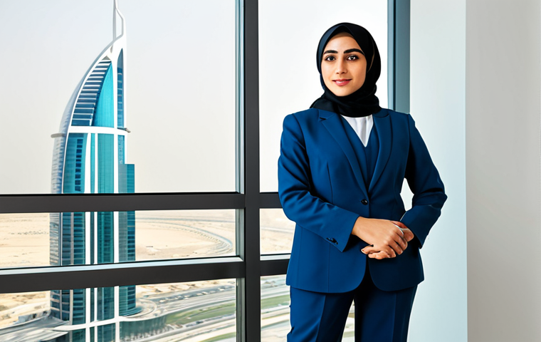 ** "A professional Arab woman in a modest, tailored business suit, standing in a modern office in Dubai, United Arab Emirates, fully clothed, appropriate attire, safe for work, perfect anatomy, natural proportions, professional photography, high quality, family-friendly." **