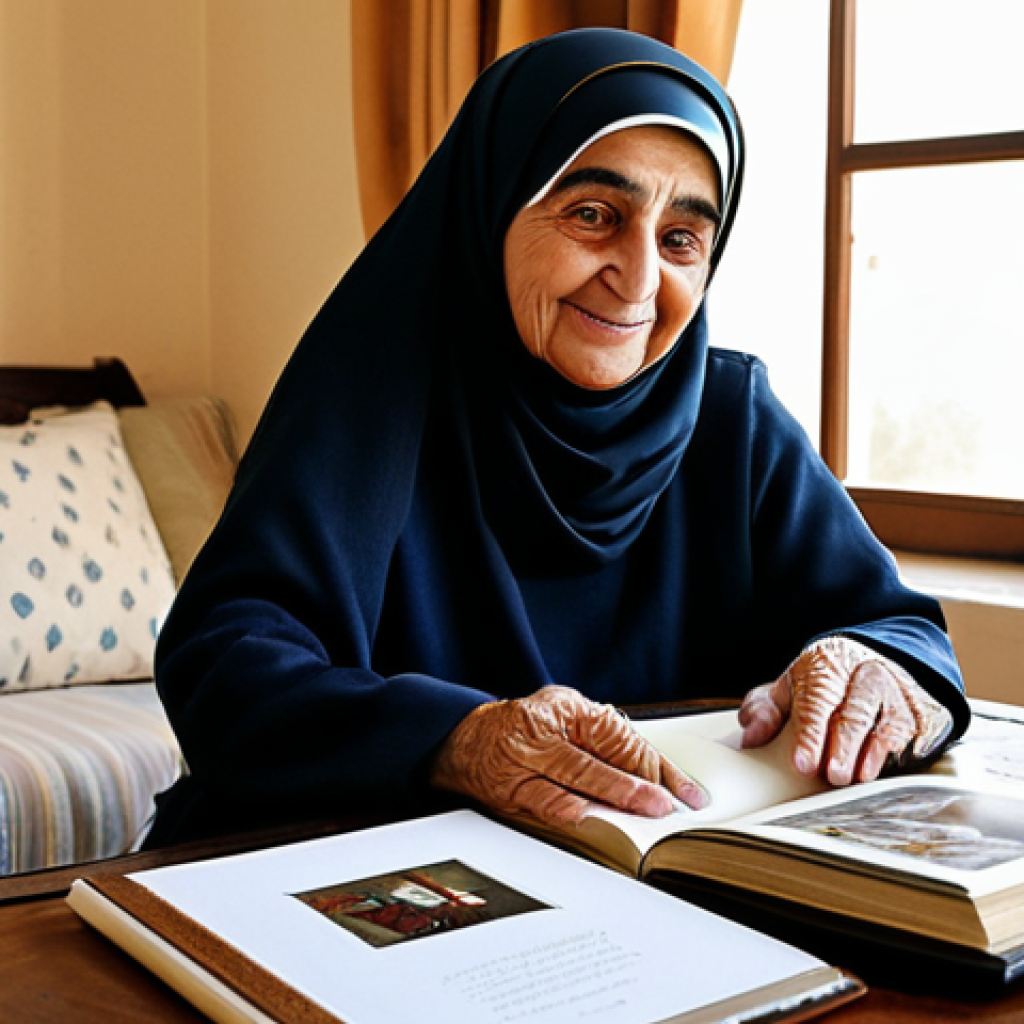 ** "A warm, inviting living room in a traditionally decorated Arabic home. An elderly woman, fully clothed in modest, elegant attire, is carefully looking through a photo album filled with old family pictures. Soft, natural light streams through a window overlooking a lush garden. A cup of Arabic coffee sits on a nearby table. Focus on the woman’s gentle expression and the palpable sense of cherished memories. Safe for work, appropriate content, fully clothed, modest, family-friendly, perfect anatomy, correct proportions, natural pose, professional photography, high quality." **