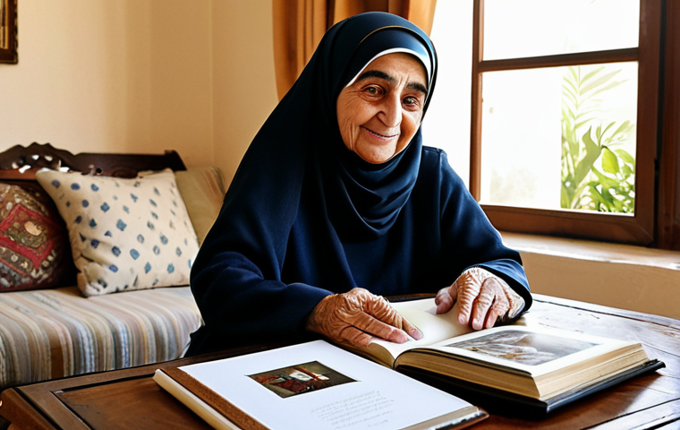 ** "A warm, inviting living room in a traditionally decorated Arabic home. An elderly woman, fully clothed in modest, elegant attire, is carefully looking through a photo album filled with old family pictures. Soft, natural light streams through a window overlooking a lush garden. A cup of Arabic coffee sits on a nearby table. Focus on the woman&rsquo;s gentle expression and the palpable sense of cherished memories. Safe for work, appropriate content, fully clothed, modest, family-friendly, perfect anatomy, correct proportions, natural pose, professional photography, high quality." **