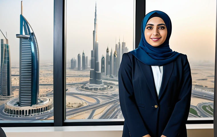 가상 추모 공간의 변화하는 역할 - ** "A successful Arab businesswoman in a professional, modest hijab and business attire, standing c...