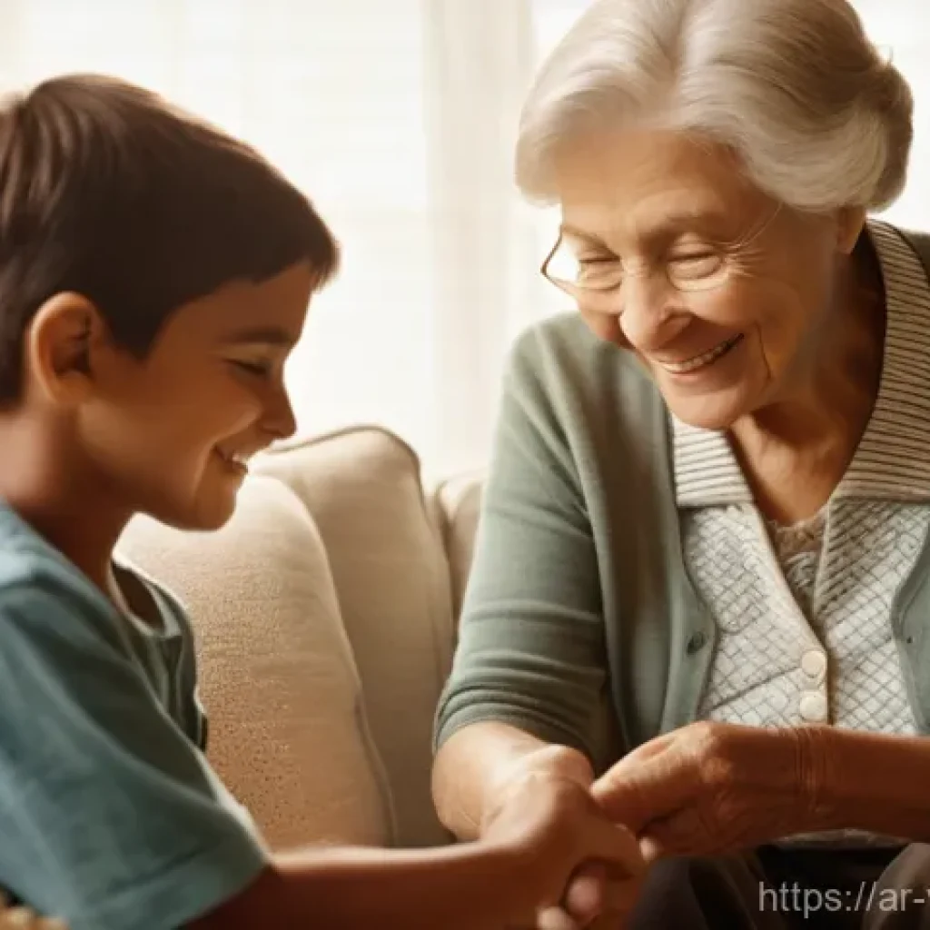 가상 추모 공간의 사회적 연대 구축 - **Prompt:** A cozy, warmly lit living room scene. A multi-generational family—grandparents, parents,...