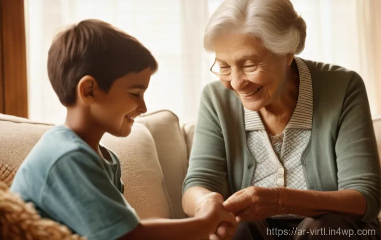 가상 추모 공간의 사회적 연대 구축 - **Prompt:** A cozy, warmly lit living room scene. A multi-generational family&mdash;grandparents, parents,...