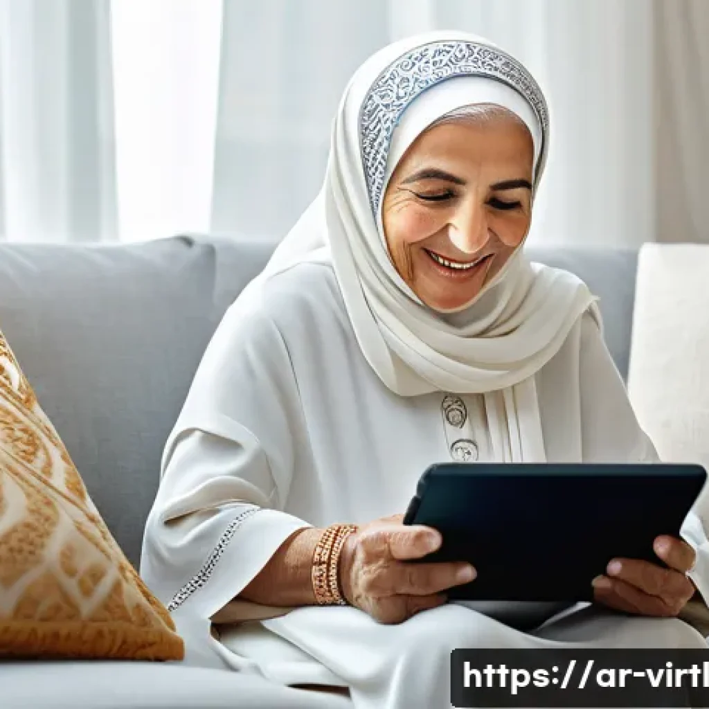 가상 추모 공간에서의 비주얼 스토리텔링 - **Prompt:** "A serene image capturing the essence of digital remembrance. An elderly Arab woman, dre...