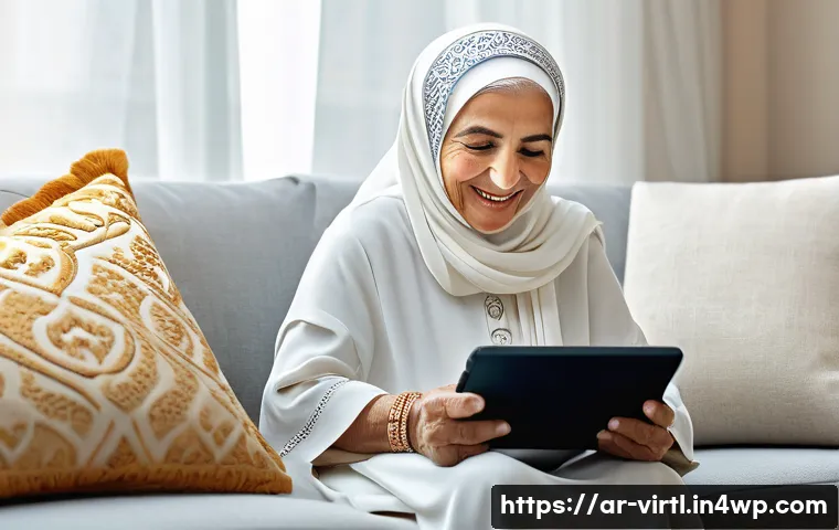가상 추모 공간에서의 비주얼 스토리텔링 - **Prompt:** "A serene image capturing the essence of digital remembrance. An elderly Arab woman, dre...