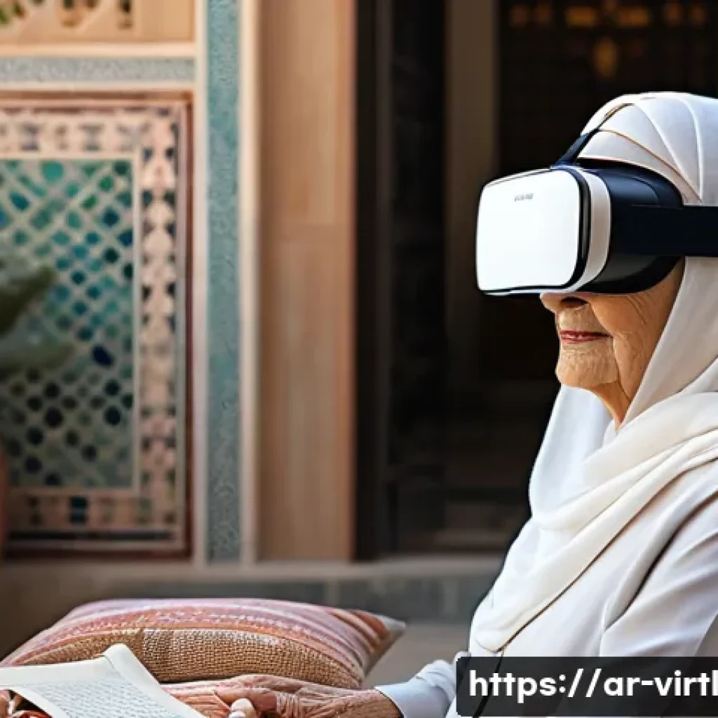 가상 추모 공간과 VR 기술의 결합 - **Prompt:** "A serene and emotionally resonant scene depicting an elderly Arab woman wearing a sophi...