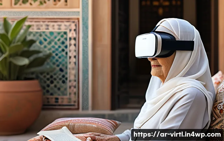 가상 추모 공간과 VR 기술의 결합 - **Prompt:** "A serene and emotionally resonant scene depicting an elderly Arab woman wearing a sophi...