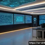 Home 22 가상 추모 공간에서의 신뢰 구축 - A modern digital security control room with Arabic calligraphy-inspired geometric patterns on the wa...