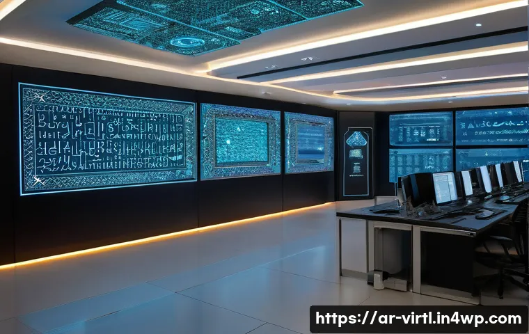 가상 추모 공간에서의 신뢰 구축 - A modern digital security control room with Arabic calligraphy-inspired geometric patterns on the wa...