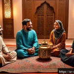 Home 21 가상 추모 공간의 기술적 요소 - A warm, immersive virtual reality scene of an Arabic family reunion in a traditional Majlis setting,...
