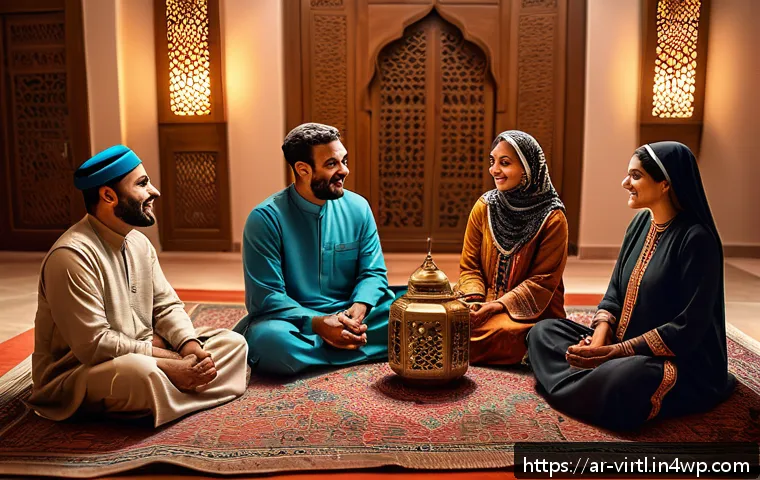 가상 추모 공간의 기술적 요소 - A warm, immersive virtual reality scene of an Arabic family reunion in a traditional Majlis setting,...