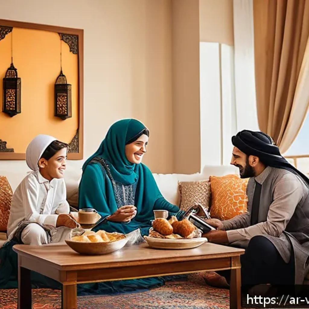 가상 추모 공간에서의 정신적 지원 방안 - A warm and inviting digital family gathering scene set in a modern Middle Eastern home decorated wit...
