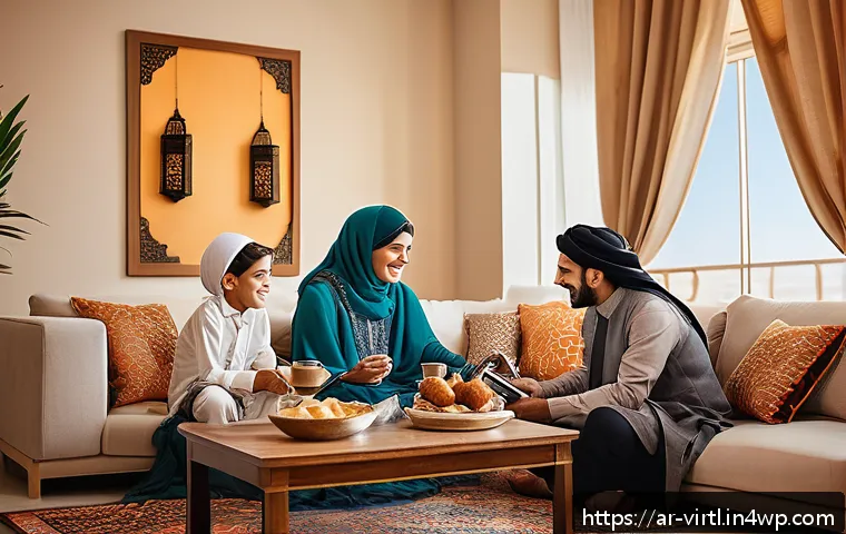 가상 추모 공간에서의 정신적 지원 방안 - A warm and inviting digital family gathering scene set in a modern Middle Eastern home decorated wit...