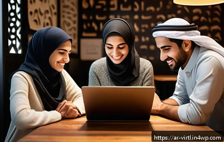 가상 추모 공간의 심리적 안전망 구축 - A warm and inviting digital social space scene featuring diverse Arabic-speaking young adults engagi...