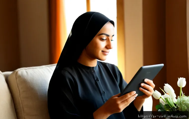 가상 추모 공간의 심리적 효과 - Photorealistic Arab woman in modest elegant clothing sitting peacefully in a sunlit living room, hol...
