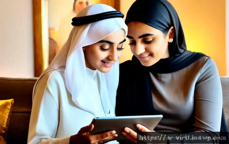 가상 추모 공간에서의 추억 공유 방법 - Photorealistic Arab family in a warm modern living room, three generations gathered around a tablet ...