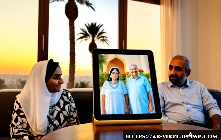 가상 추모 공간에서의 이벤트 개최 전략 - Photorealistic modern Arab family gathered in a quiet living room for a virtual memorial event, a la...